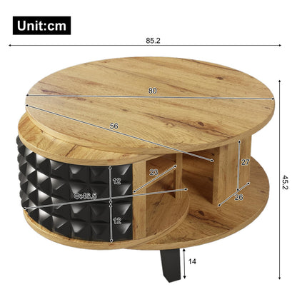 Table basse, table pivotante, table basse ronde, avec étagère interne cachée, table basse couleur bois avec pieds noirs, étagère de rangement rotative à 360 degrés, table basse 85,2 x 80 x 45,2 cm