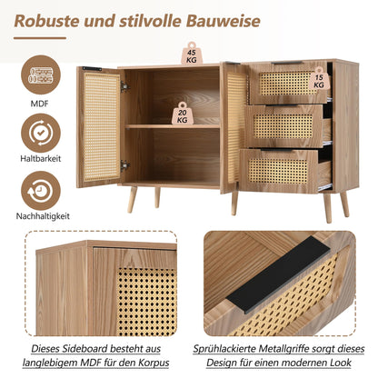Buffet Vintage Rotin Style Bohème Bahut avec 2 Portes et 3 Tiroirs, Équipé de Poignées Noires, Armoire de Style Maison de Campagne pour Salle à Manger, Cuisine, Entrée, Salon (Bois Naturel/Noyer)