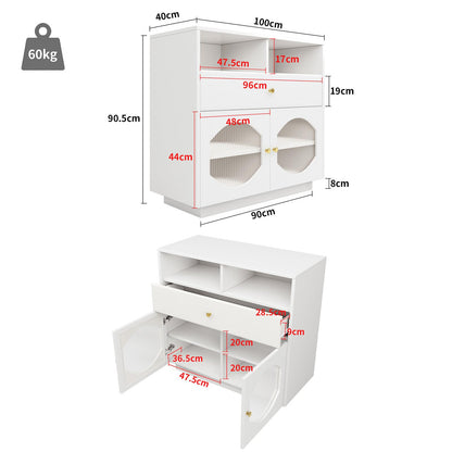 Sideboard Mit Glastür, Küchenschrank Mit Schublade aus PU-Leder, Kommode Modern, Mehrzweckschrank für Wohnzimmer, Esszimmer, Hohe Tragfähigkeit, 100 x 90.5 x 40 cm (B/H/T)