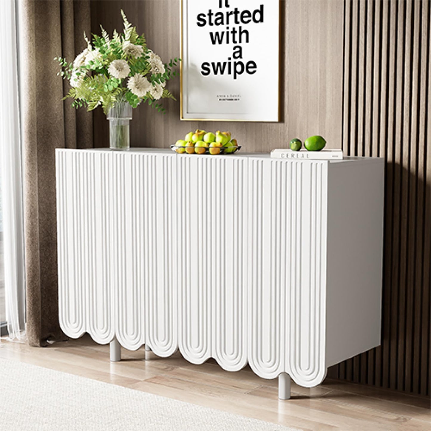 Peiaw Buffet,Meuble de Cuisine Rangement,Buffet avec 4 Portes et étagères réglables,Buffet en Forme de Larme, Blanc Meuble de Rangement 120 x 37.5 x 80.8 cm, Buffet avec charnières amorties