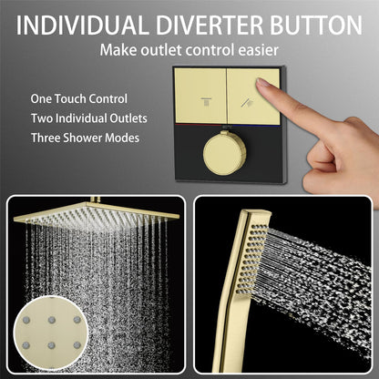 Colonne de Douche Thermostatique, Noir et Or Brossé Colonne Douche Encastrable 2 Fonctions Ensemble de Douche Mural Kit de Douche avec Pommeau de Douche et Douchette