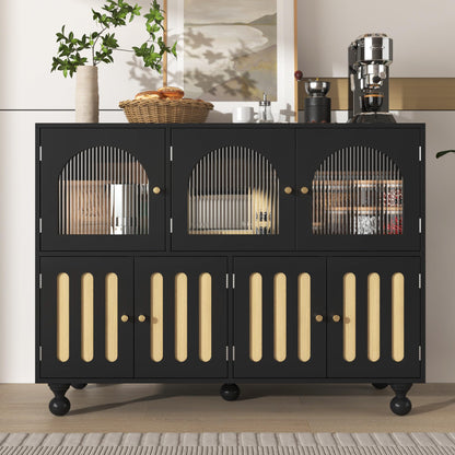 Buffet Salon Moderne, Longue Porte en Verre au Design Arc-en-ciel, Porte de Bar à clés de Piano, Pieds de Colonne Ronds, Armoire de Rangement Élégante, Armoire de Buffet au Design Unique, Blanc/Noir