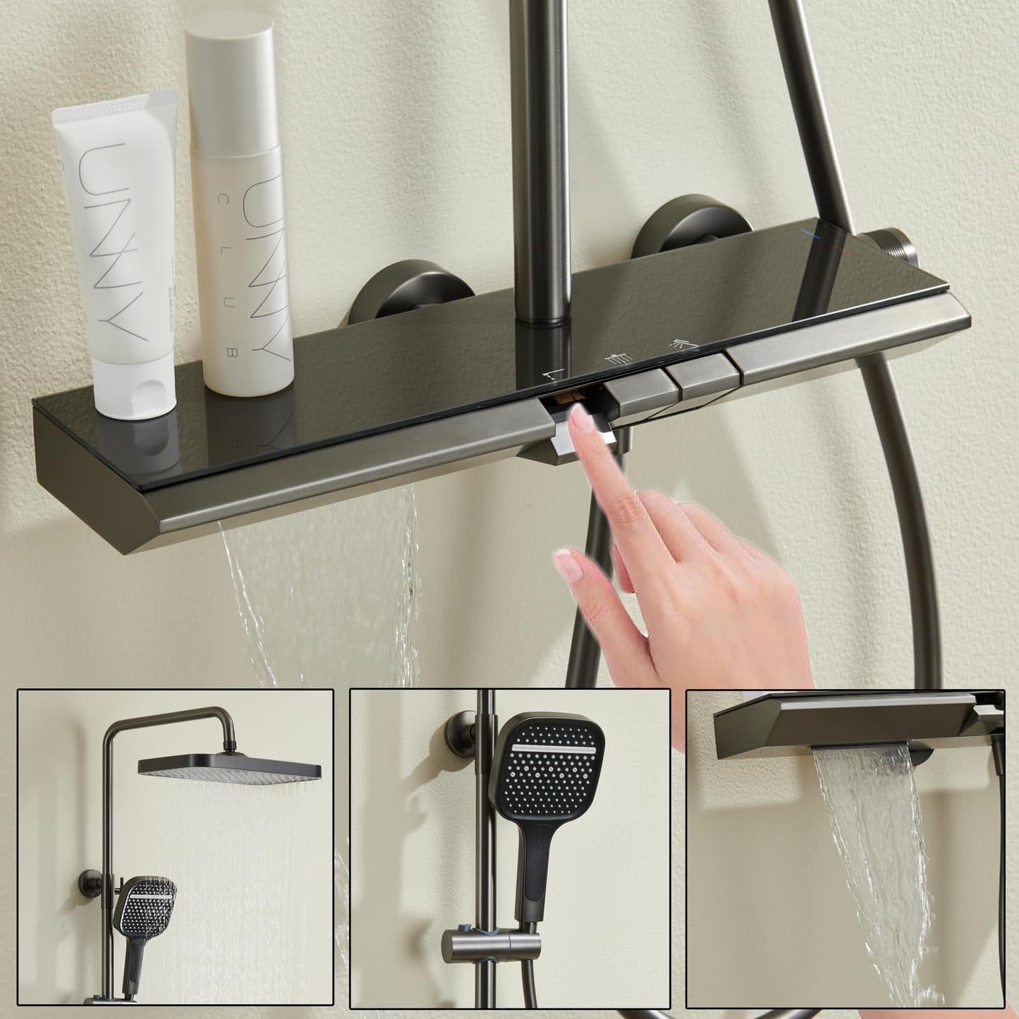 OihPaw Colonne de Douche Cascade,Piano Ensemble Douche 3 Fonctions Kit de Douche Hauteur Réglable Système de Douche Gris avec Mitigeur Cascade,Pommeau de Douche 3 Modes,Douche de Tête