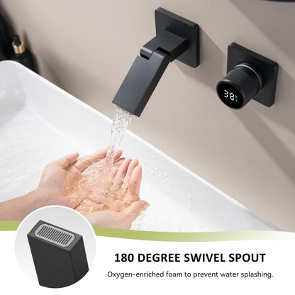 Robinet De Salle De Bain Avec Affichage Numérique LED, Robinet Lavabo Mural Pliable À 180° Mitigeur De Lavabo Robinets Cascade De Baignoire Avec L’Eau Froide & Chaude