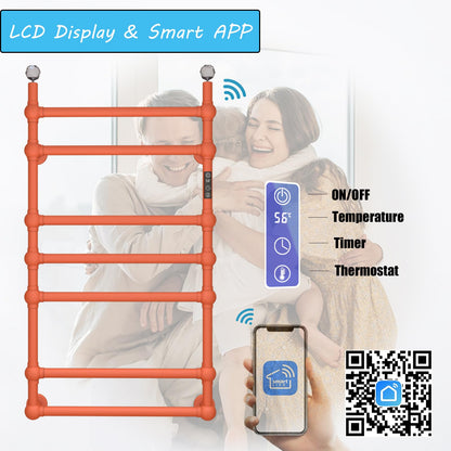 Sèche Serviettes Électrique WiFi 100W, 850 * 600mm Chauffe-Serviettes Mural avec 7 Barres Chauffant, Thermostatique Radiateur Porte-Serviettes de Salle Bain avec Thermostat et Minuterie, Orange