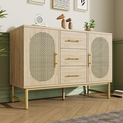 Buffet,Meuble de Rangement,Armoires de cuisine,Buffet avec 3 tiroirs et 2 portes en rotin, étagères réglables,Commode avec poignées et pieds en métal,Protection anti-basculement,120 x 40 x 74 cm