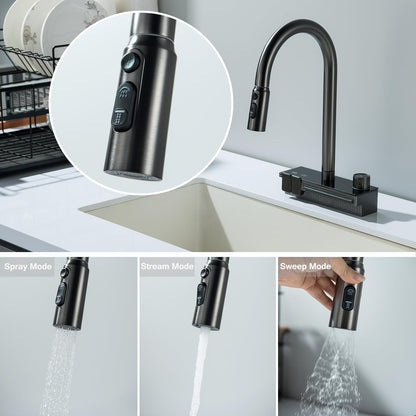 Robinet de Cuisine Cascade avec Douchette Extensible, Mitigeur Cuisine Cascade Unique avec Touches Piano et Bouton Rotatif, 4 Modes Robinet d'Évier de Cuisine Pivotant à 360°