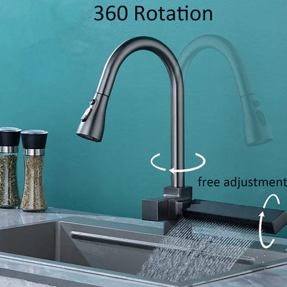 Robinet De Cuisine Cascade, avec Robinet Extractible, 3 Modes De Sortie d'eau, Robinet De Cuisine en Rotatif à 360°, Robinet MéLangeur De Nettoyage De Cascade