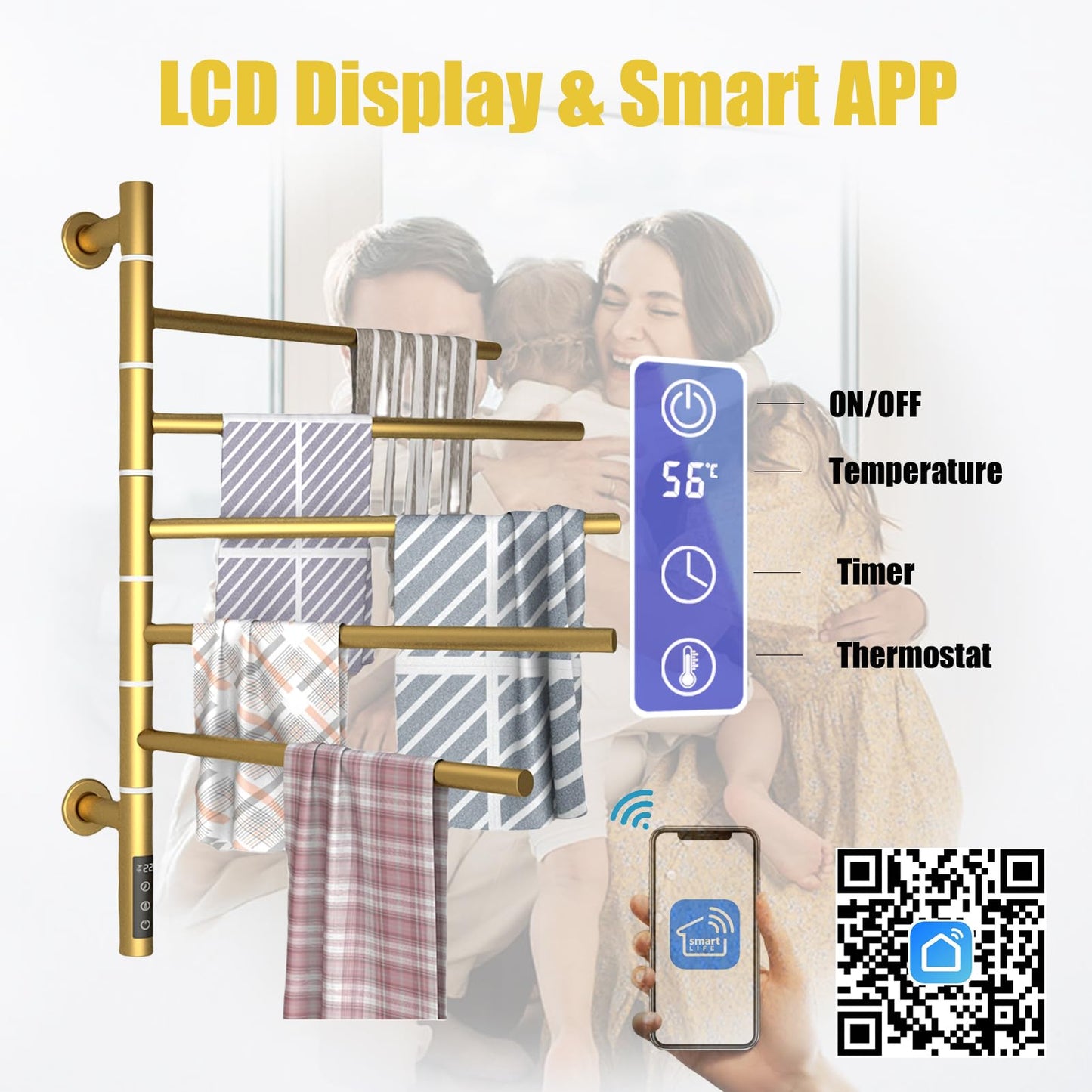 OihPaw Sèche serviette électrique,WiFi avec 5 Barres Porte-Serviettes Chauffant Pivotant à 180 °,45W 42x66CM Chauffe-Serviettes électrique Mural avec Thermostat