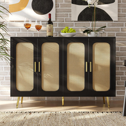 Buffet de Salon Simple et Moderne, Bahut Latérale en Rotin, Armoire de Buffet Bois Indépendante, Armoire de Cuisine, Poignées et Pieds Dorés, Conception Anti-basculement, Noir, 120 x 30 x 89 cm