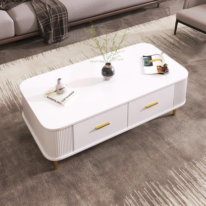 Peiaw Table Basse,Table Basse Salon,Quatre tiroirs spacieux,Table Basse carrée avec tiroirs,Coins incurvés,Poignées et Pieds dorés,avec Grand Espace de Rangement,Table Basse 105 x 51 x 38 cm