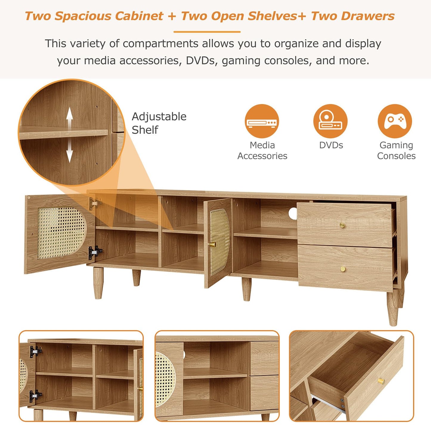 Billg Meuble TV 150cm, Armoire De Télévision 2 Portes Tressées en Rotin, Meuble Télé de Salon Pieds D'armoire Réglables, Table Télévision Convient pour Un Téléviseur de 60 Pouces, 3 Trous pour Câbles