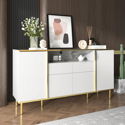 Peiaw Buffet,bahut Salon,Buffet avec 4 Portes et 2 tiroirs,Buffet avec éclairage LED,Meuble Chambre,Meuble Rangement Cuisine 150 x 40 x 80 cm,Commode de Style Moderne,Buffet avec Rangement Ouvert