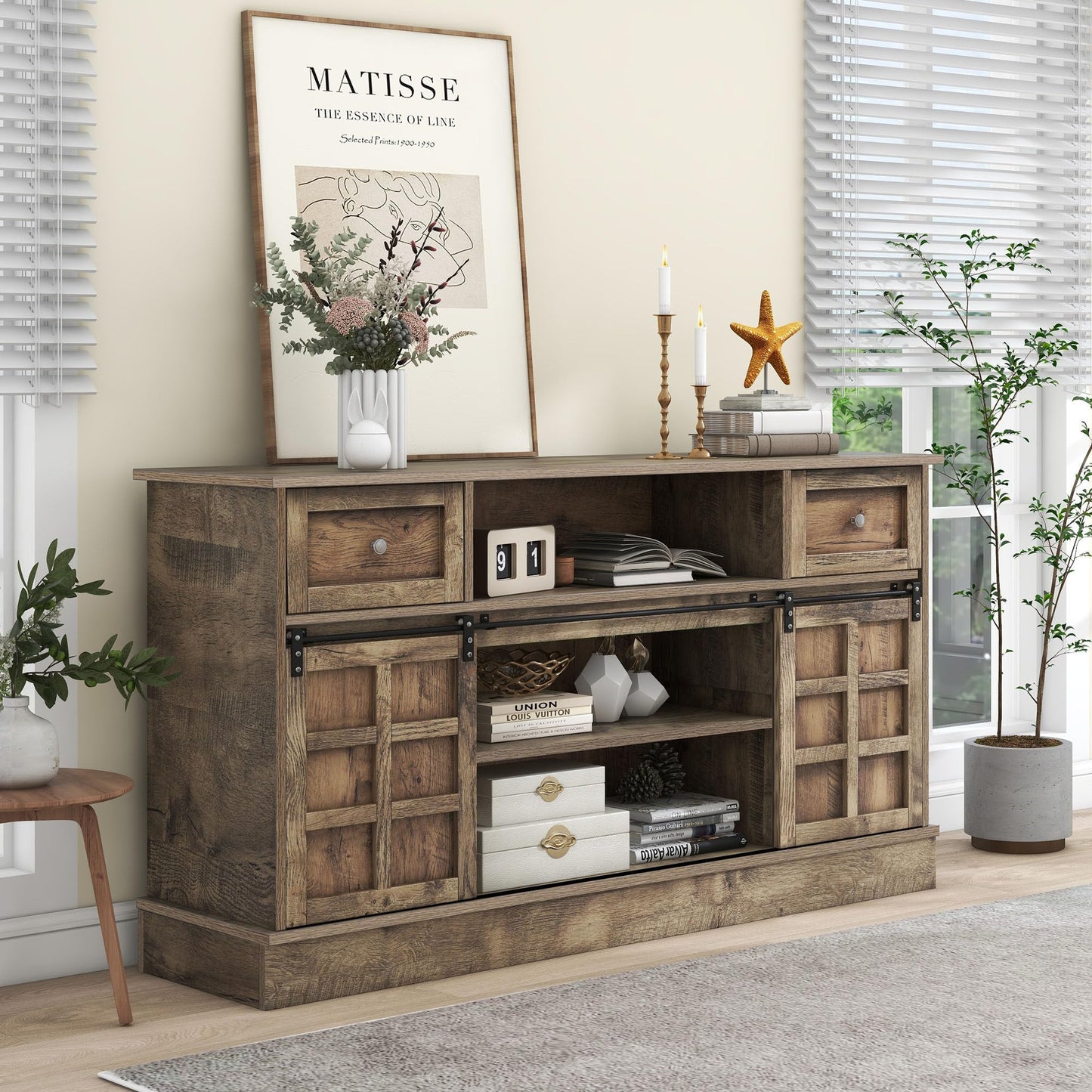 Meuble TV 150 cm Longueur Banc TV Gris Marron avec 2 Portes Coulissantes, 9 Compartiments de Rangement, 2 Tiroirs, Éclairage LED 16 Couleurs, Style Ferme Rétro en Grain de Bois pour TV Jusqu'à 60"