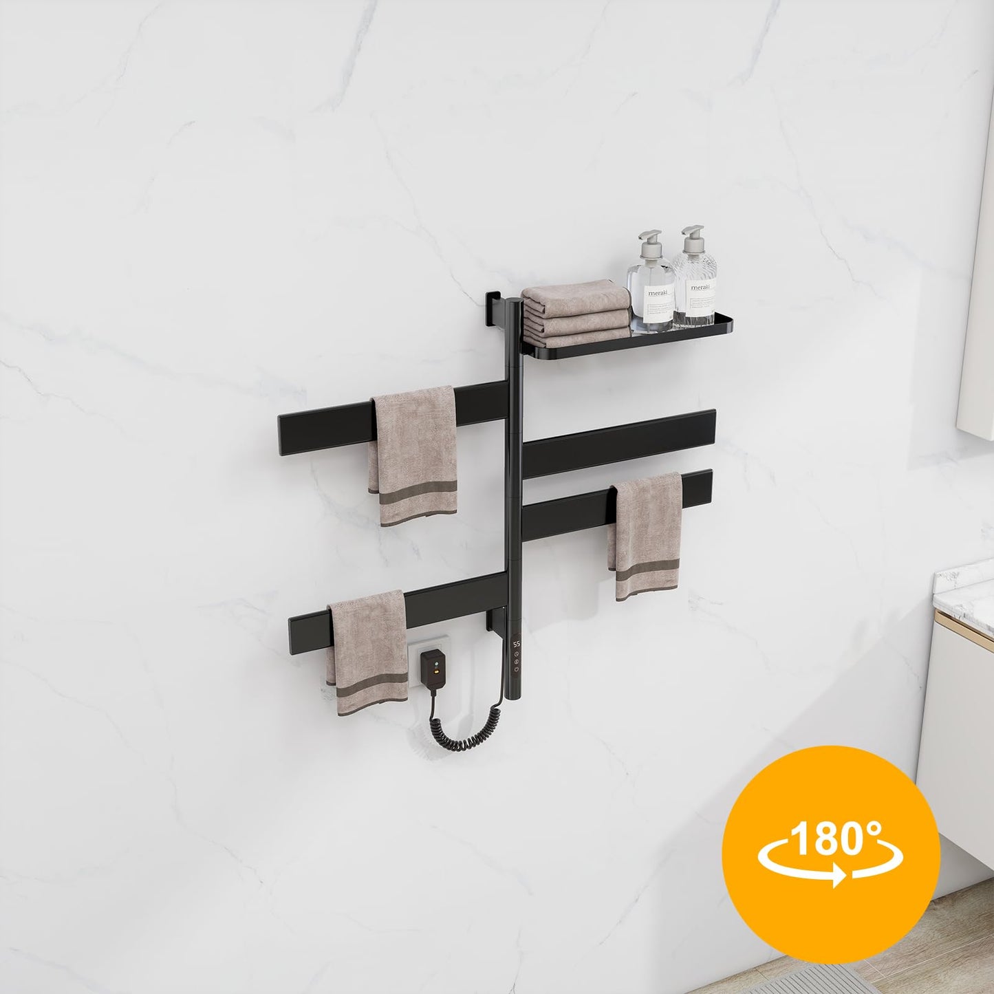 OihPaw Sèche-serviette électrique,Rotation à 180° Seche Serviette avec Support de Rangement, Porte-Serviettes électrique, Chauffe Serviette Salle de Bain, avec Minuterie/Température Réglable