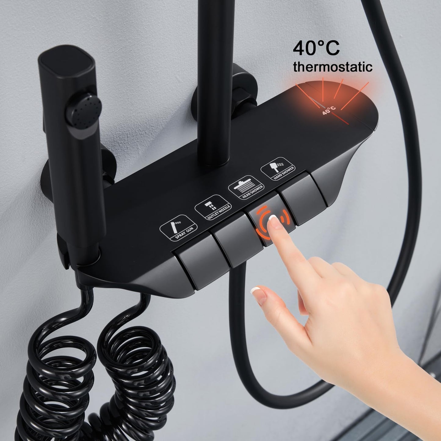 Noir Colonne de Douche Thermostatique, Système de Douche Piano Mural Ensemble de Douche Réglable en Hauteur Set de Douche avec Mitigeur,3 Modes Douchette,12 Pouces Douche de Tête