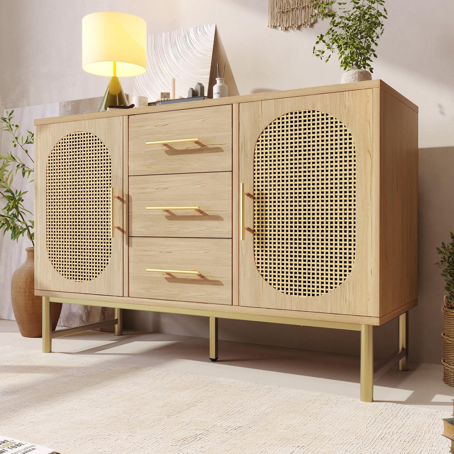 SHUGUANG Buffet Salon Style Bohème avec 2 Portes en Rotin et 3 Tiroirs, Commode Cuisine, Vaisselier Chambre, Meuble de Rangement Bois, Étagères Réglables, Anti-basculement, 120 x 40 x 74 cm, Chêne