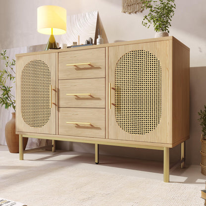 SHUGUANG Buffet Salon Style Bohème avec 2 Portes en Rotin et 3 Tiroirs, Commode Cuisine, Vaisselier Chambre, Meuble de Rangement Bois, Étagères Réglables, Anti-basculement, 120 x 40 x 74 cm, Chêne