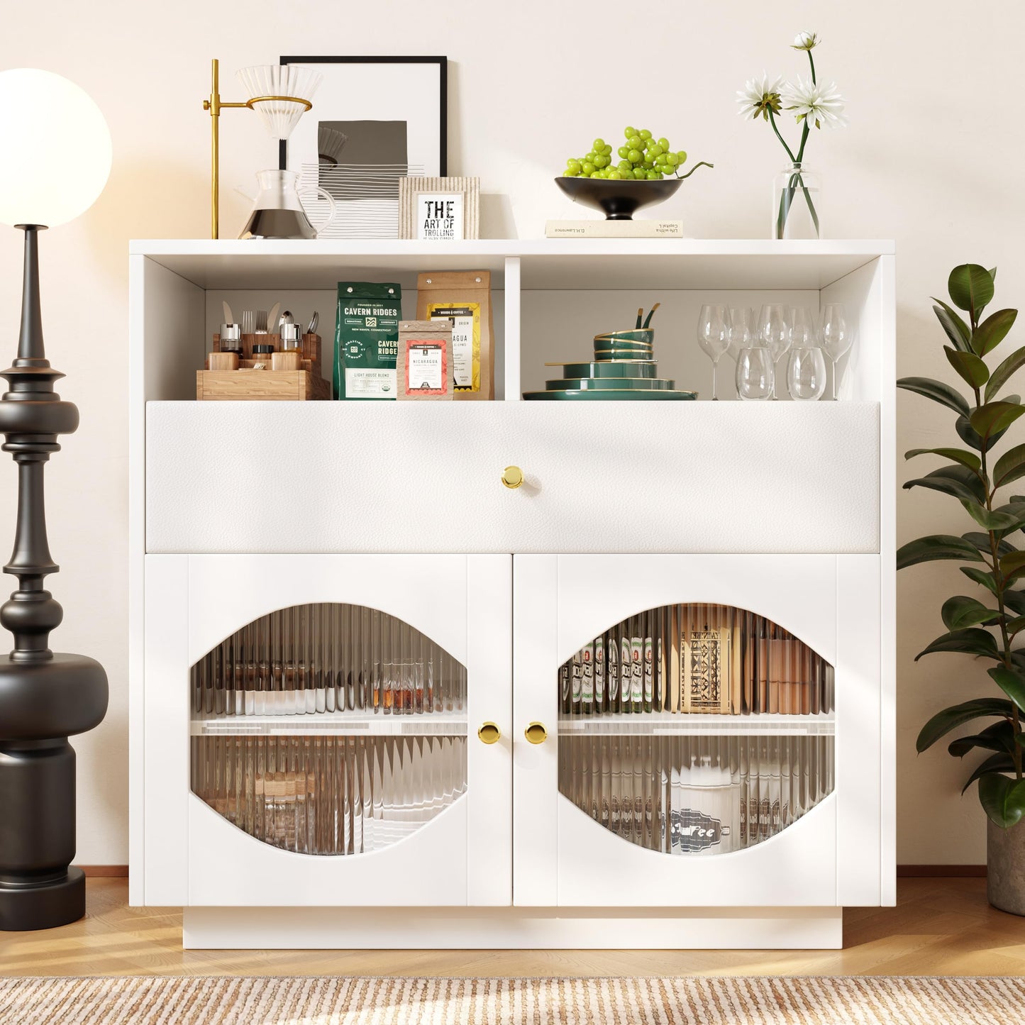 Buffet Salon avec Portes en Verre, Meuble de Cuisine Moderne de Luxe avec 1 Tiroir, 2 Portes et 2 Cloisons Ouvertes, Bahut Buffet de Salle à Manger, 100 × 40 × 90,5cm, Facile à Assembler, Blanc/Noir