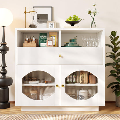 Buffet Salon avec Portes en Verre, Meuble de Cuisine Moderne de Luxe avec 1 Tiroir, 2 Portes et 2 Cloisons Ouvertes, Bahut Buffet de Salle à Manger, 100 × 40 × 90,5cm, Facile à Assembler, Blanc/Noir