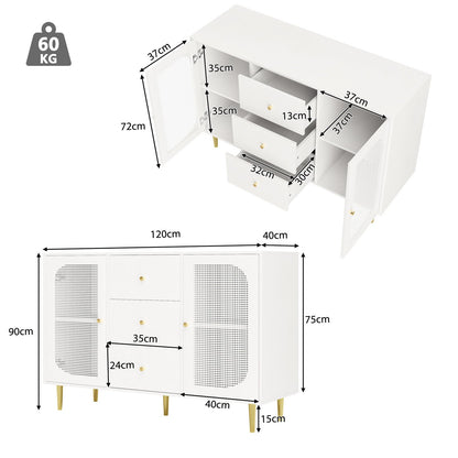 Sideboard, Kommode, Küchenschrank Rattan-Schranktür, Mehrzweckschrank mit 2 Türen und 3 Schubladen, Schubladenschrank Kippschutz, Aufbewahrungsschrank Kratzfeste Oberfläche, 120 x 90 x 40 cm (B/H/T)