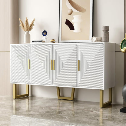 Buffet, meuble de rangement vertical Blanc, armoire multifonctionnelle, très grand espace de rangement, buffet avec portes brillantes et poignées dorées, design 4 portes, Buffet 150 x 40 x 82 cm