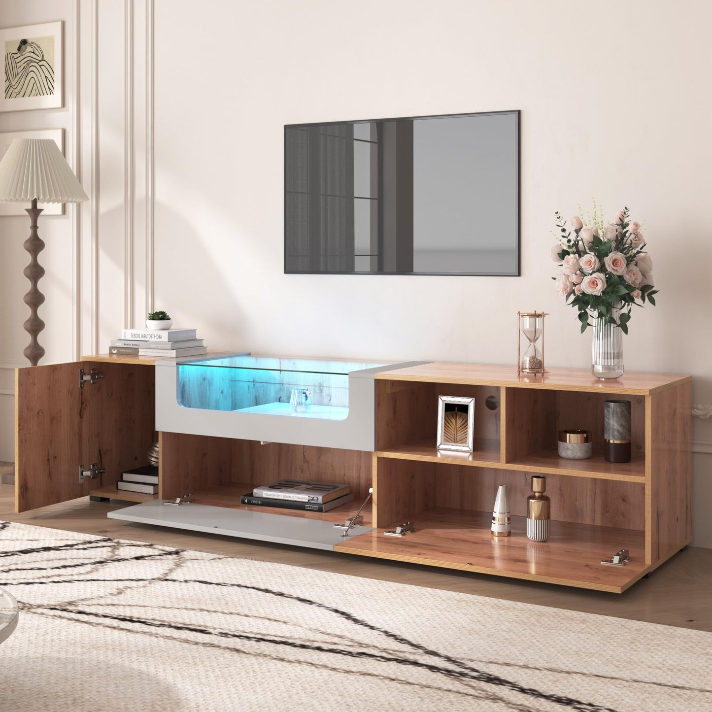 SHUGUANG Meubles TV 190 cm Longueur, Meubles Bas TV, Meubles de Salon Simples dans Les Couleurs Gris et Bois, Banc TV Style Maison de Campagne Naturelle avec Lumières LED à Couleurs Changeantes