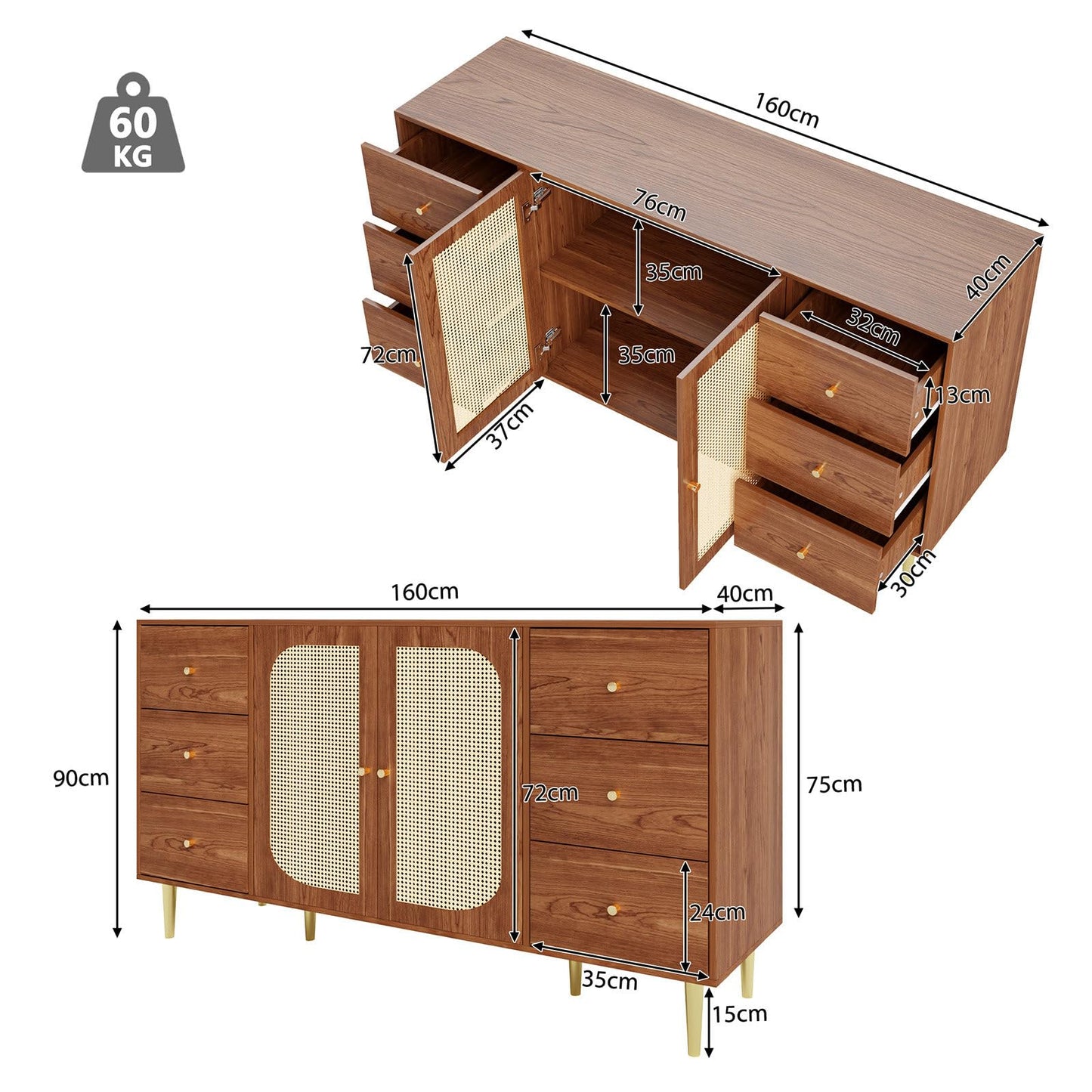 Sideboard, Kommode, Küchenschrank Rattan-Schranktür, Mehrzweckschrank mit 2 Türen und 6 Schubladen, Schubladenschrank Kippschutz, Aufbewahrungsschrank Kratzfeste Oberfläche, 160 x 90 x 40 cm (B/H/T)