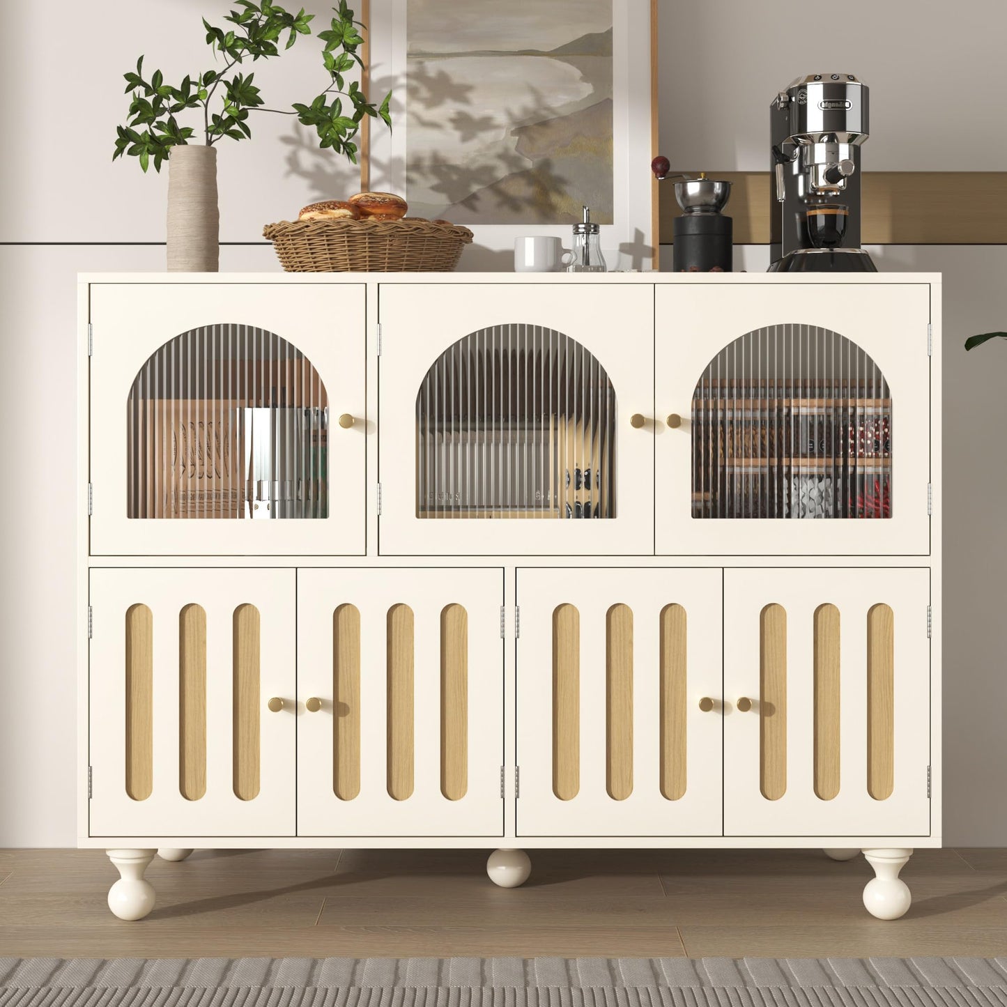 Buffet Salon Moderne, Longue Porte en Verre au Design Arc-en-ciel, Porte de Bar à clés de Piano, Pieds de Colonne Ronds, Armoire de Rangement Élégante, Armoire de Buffet au Design Unique, Blanc/Noir