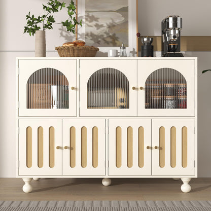 Buffet Salon Moderne, Longue Porte en Verre au Design Arc-en-ciel, Porte de Bar à clés de Piano, Pieds de Colonne Ronds, Armoire de Rangement Élégante, Armoire de Buffet au Design Unique, Blanc/Noir