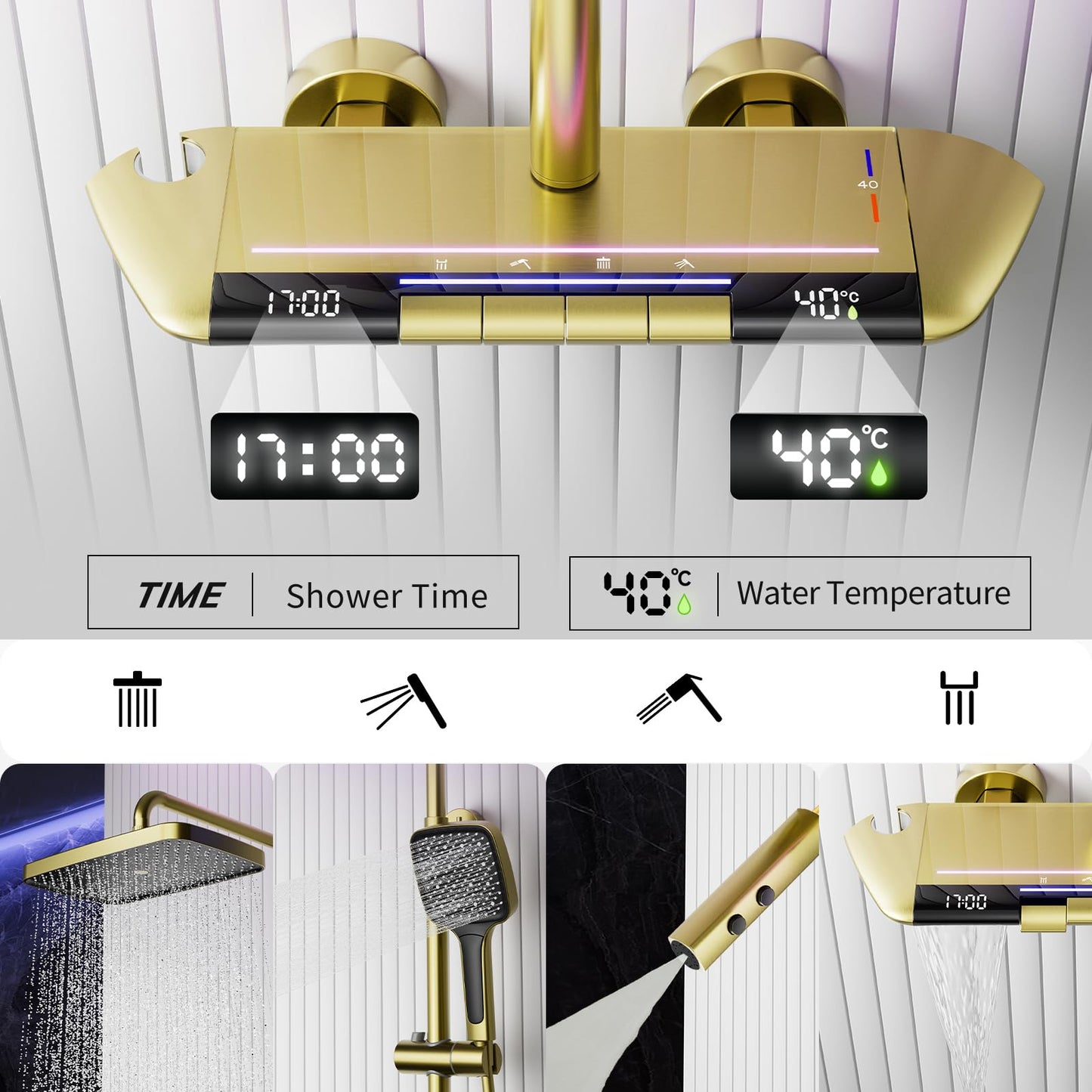 Colonne de Douche Dorée Brossé Thermostatique Mitigeur en Laiton Systeme de Douche Affichage Numérique LED Ensemble de Douche Pommeau De Douche, Douchette, Robinet De Baignoire