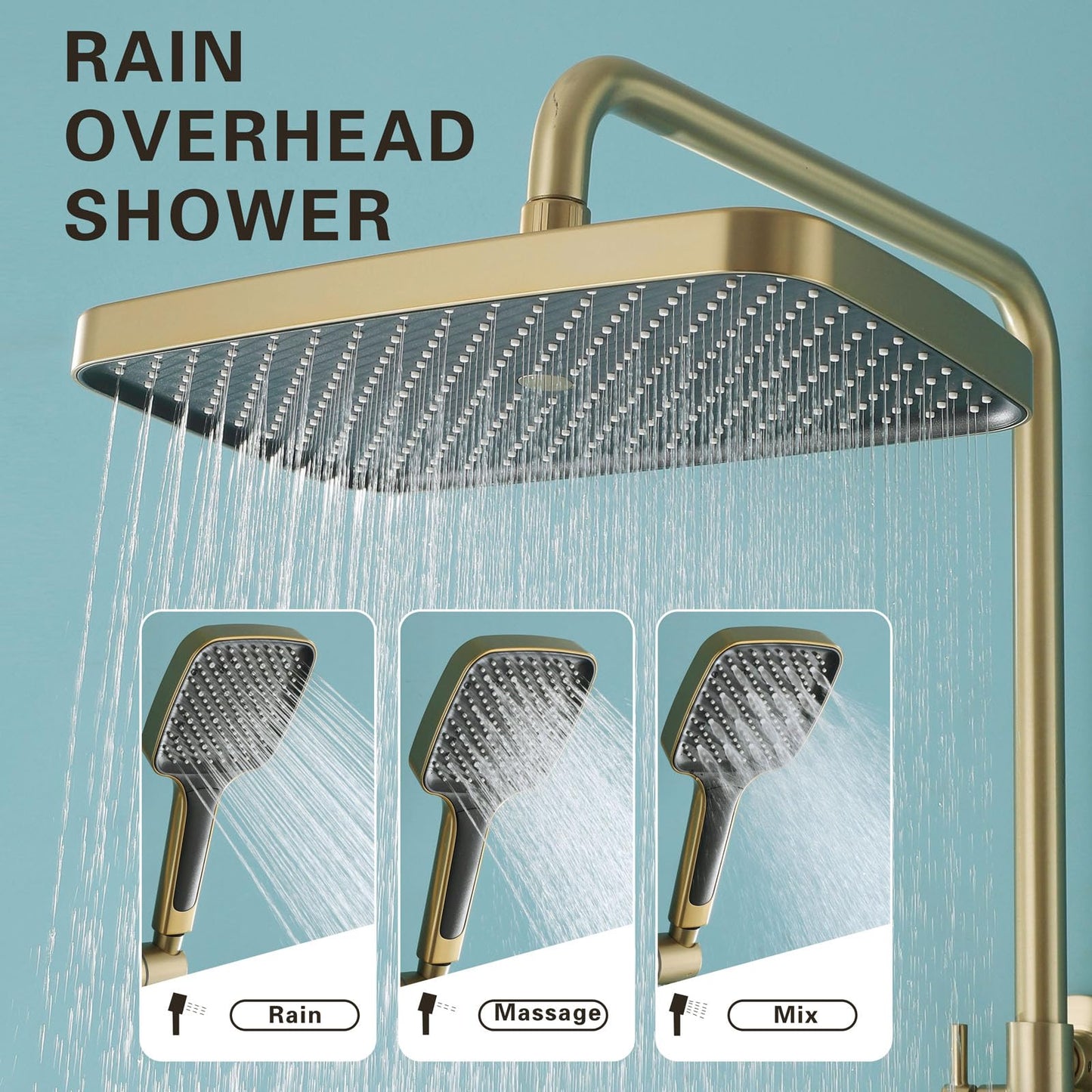 Colonne de Douche Thermostatique Dorée Ensemble Douche Mural Système de Douche 3 Fonctions Kit de Douche avec 33 * 22cm Douche de Tête, 3 Modes Pommeau de Douche, Mitigeur de Douche Cascade