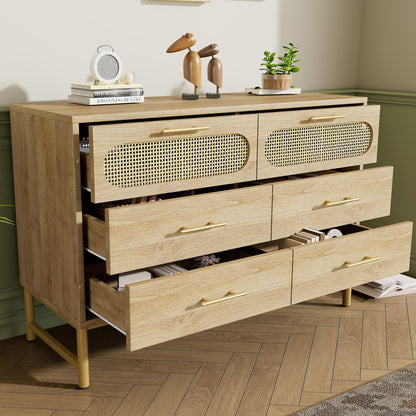 SHUGUANG Buffet en Rotin avec 6 Tiroirs, Commode de Chambre Style Bohème, Vaisselier, Meuble de Rangement pour Salon et Entrée, Poignées en Métal Doré, Anti-Inclinaison, 120 x 40 x 74 cm, Chêne