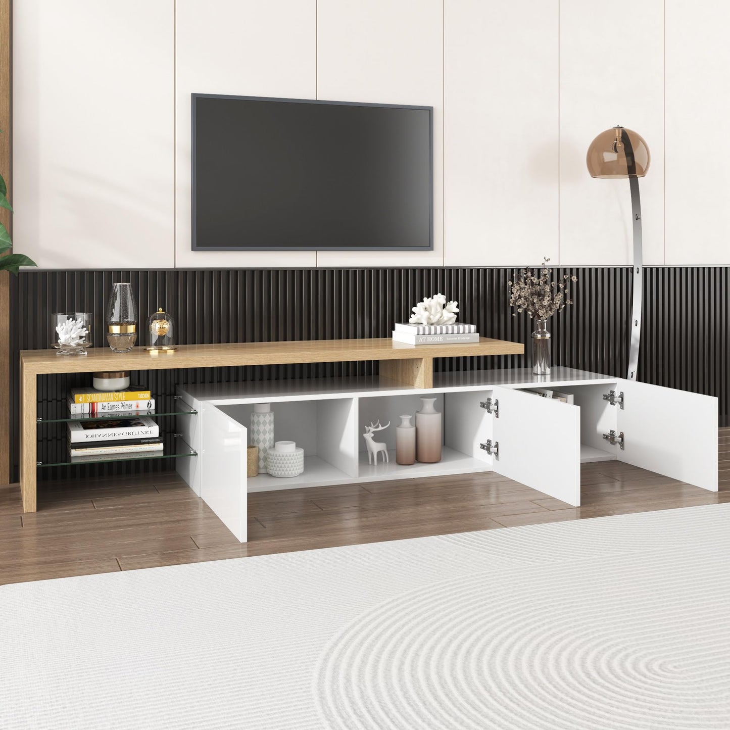 SHUGUANG Meuble TV 200 cm Longueur Meuble TV de Salon Moderne Élégance, Banc TV avec Étagères en Verre, Éclairage LED, Meuble TV Aspect Bois, Espace de Rangement Pratique, Brillant, 197,5x39x42cm