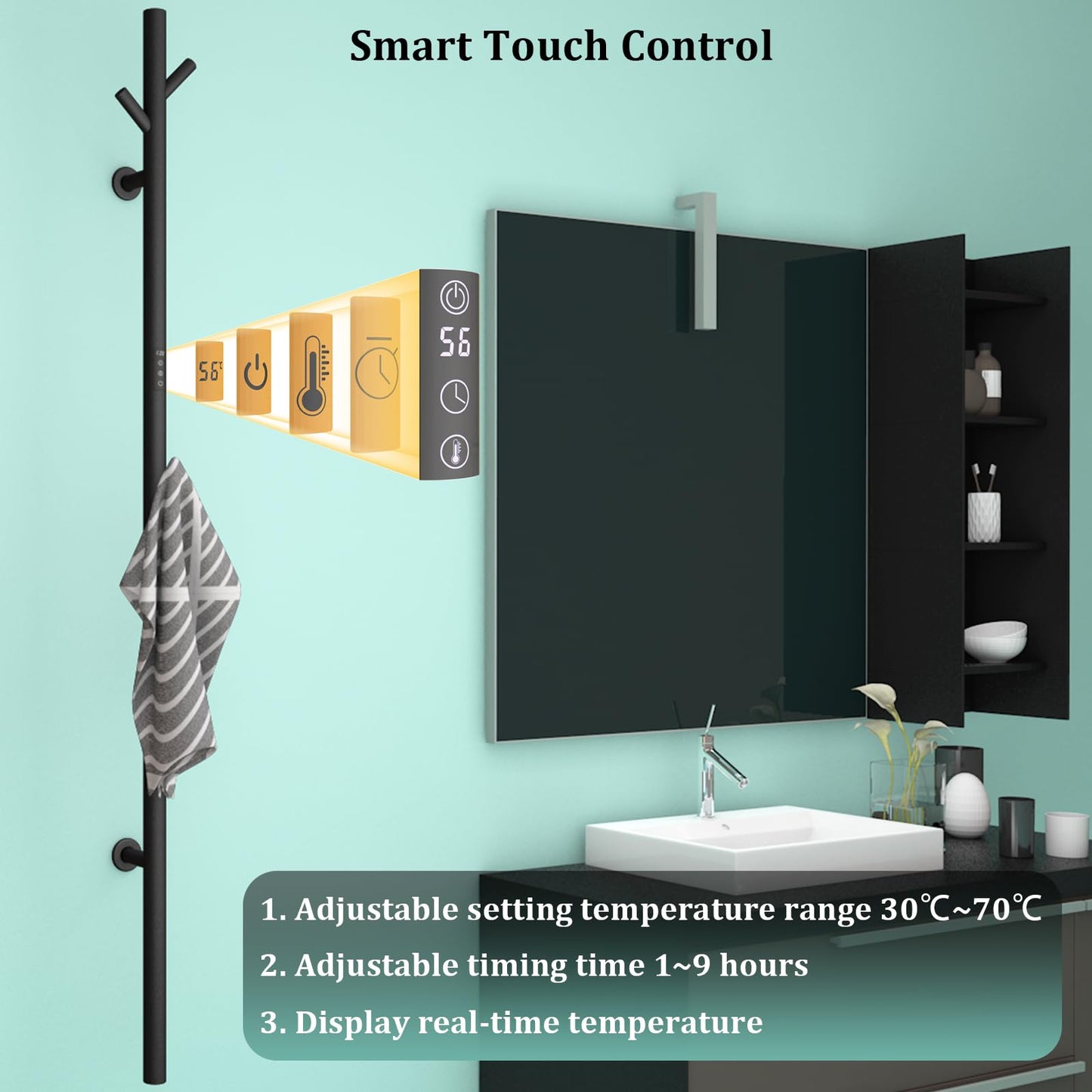 Sèche-Serviette Électrique Noir, 30 W Chauffe-Serviettes 1525×65mm WiFi Intelligent Porte-Serviettes Chauffant Électrique Mural Commande Tactile à LED Radiateur de Salle de Bain avec 3 Patère