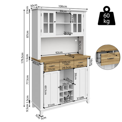 Armoire de Cuisine, Enfilade Buffet Haute, Vitrine avec Étagères Réglables et Casier à Vin, Buffet de Salon avec Éclairage LED, Beaucoup D'espace de Rangement, 106*40*179.5cm (Tiroirs Blanc/Bois)