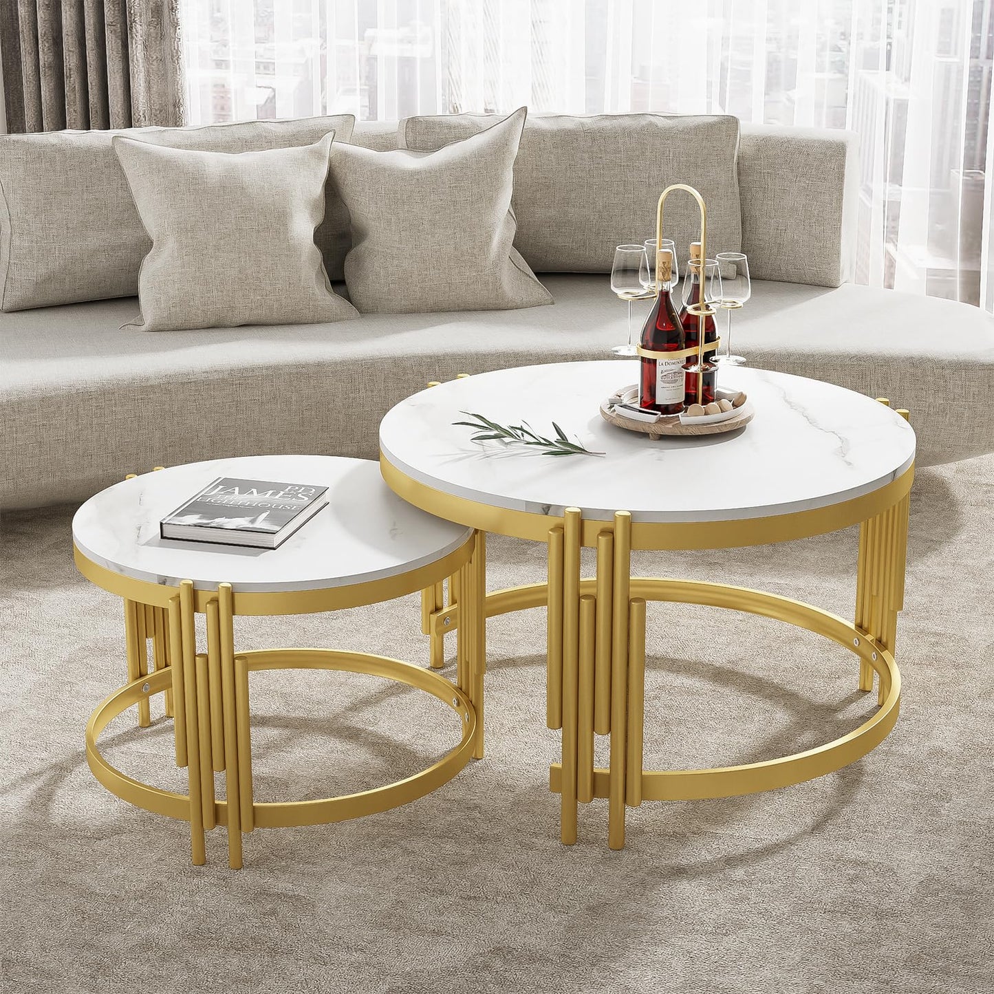 Peiaw Table Basse,Table de Salon,Table Basse Ronde,Lot de 2 Tables Basses de Salon Gigognes,Aspect marbre Blanc et Structure en Acier doré,Table de Salon 71,5 x 71,5 x 44 & 51,5 x 51,5 x 37 cm