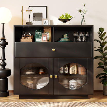 Buffet Salon avec Portes en Verre, Meuble de Cuisine Moderne de Luxe avec 1 Tiroir, 2 Portes et 2 Cloisons Ouvertes, Bahut Buffet de Salle à Manger, 100 × 40 × 90,5cm, Facile à Assembler, Blanc/Noir