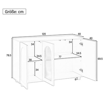 Sideboard mit 3 Türen, Küchenschrank Glastür, Kommode U-förmig Einfaches Design, Mehrzweckschrank Hohe Belastung, Verstellbare Regalhöhe, Sprungbrett-Design, 120 x 78.5 x 40 cm(B/H/T), Weiß