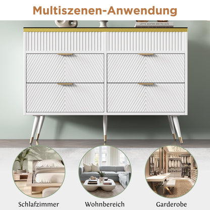 120 x 40 x 76 cm Blanc Commode Rangement avec 6 Tiroirs, Commode Salon en Verre Ambré, Buffet Moderne avec Résistance à La Pointe, Armoire Rangement Applicables à Salon, Chambre ,Salle à Manger