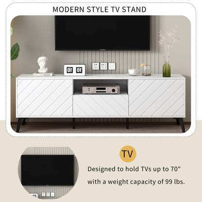 170cm Meuble TV Blanc pour TV 70 pouces, Moderne et Simple Banc TV avec 2 Portes et 1 Tiroir, Séparateurs Internes Réglables, Pieds en Métal Robustes avec Coussinets Souples, Facile à Assembler