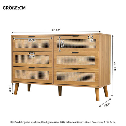 Kommode Mit 6 Schubladen, Sideboard Perforierte Rattantür, Mehrzweckschrank für Wohnzimmer, Esszimmer, Schubladenschrank Hohe Tragfähigkeit, Schrankbeine aus Massivholz, Metallgriff, 120 x 40 x 76.5cm