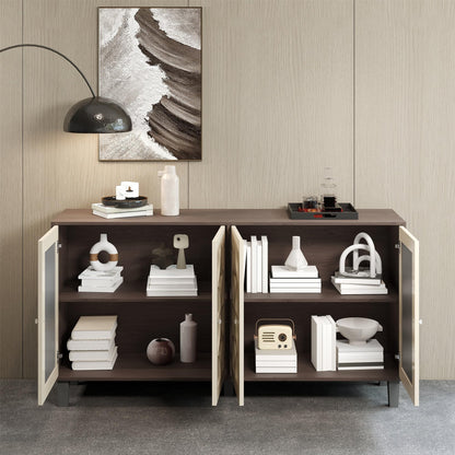 Buffet Moderne avec 4 Portes Miroir, Buffet Miroir avec Poignées en Cristal Froid, Stratifié Mobile, Armoire de Cuisine, Bahut pour Salon et Salle à manger, 160 x 40 x 85 cm, Blanc/Bois et Marron