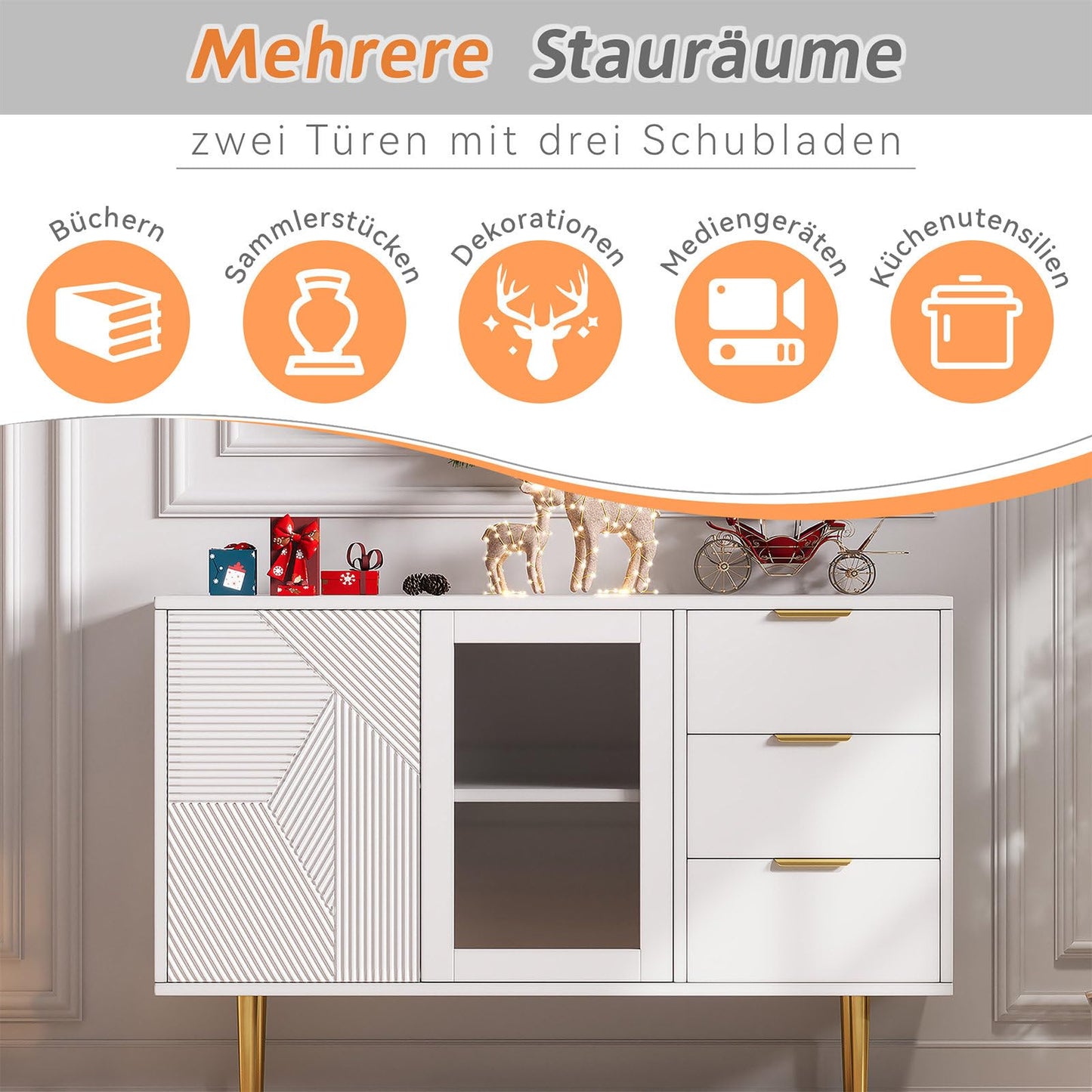Meuble de Rangement, Buffet Cuisine 2 Portes 3 Tiroirs, Commode Conception sans Poignée, Armoire de Salon Anti-Basculement, Bibliothèque Portes en Verre et Pieds en Métal, 120 x 38 x 79.5cm