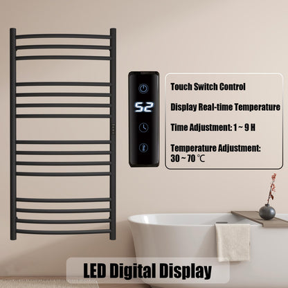 Sèche-Serviette Électrique Noir,185 W Chauffe-Serviettes 1100×600 mm WiFi Intelligent Porte-Serviettes Chauffant Électrique 15 Barres Courbes Commande Tactile à LED