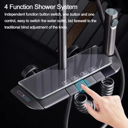 OihPaw Colonne de Douche Thermostatique Gris, Réglable Hauteur Système de Douche, éclairage d'ambiance LED, Ensemble de Douche avec Bec de Baignoire Cascade, Douchette