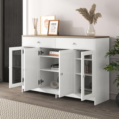 SHUGUANG 120 x 37 x 80 cm Bahut de Salle a Manger Blanc, Buffet Moderne avec 2 Tiroirs et 2 Portes D'armoire et 2 Porte D'armoire Vitrée, Armoire de Salon pour Cuisine, Salon, Salle à Manger