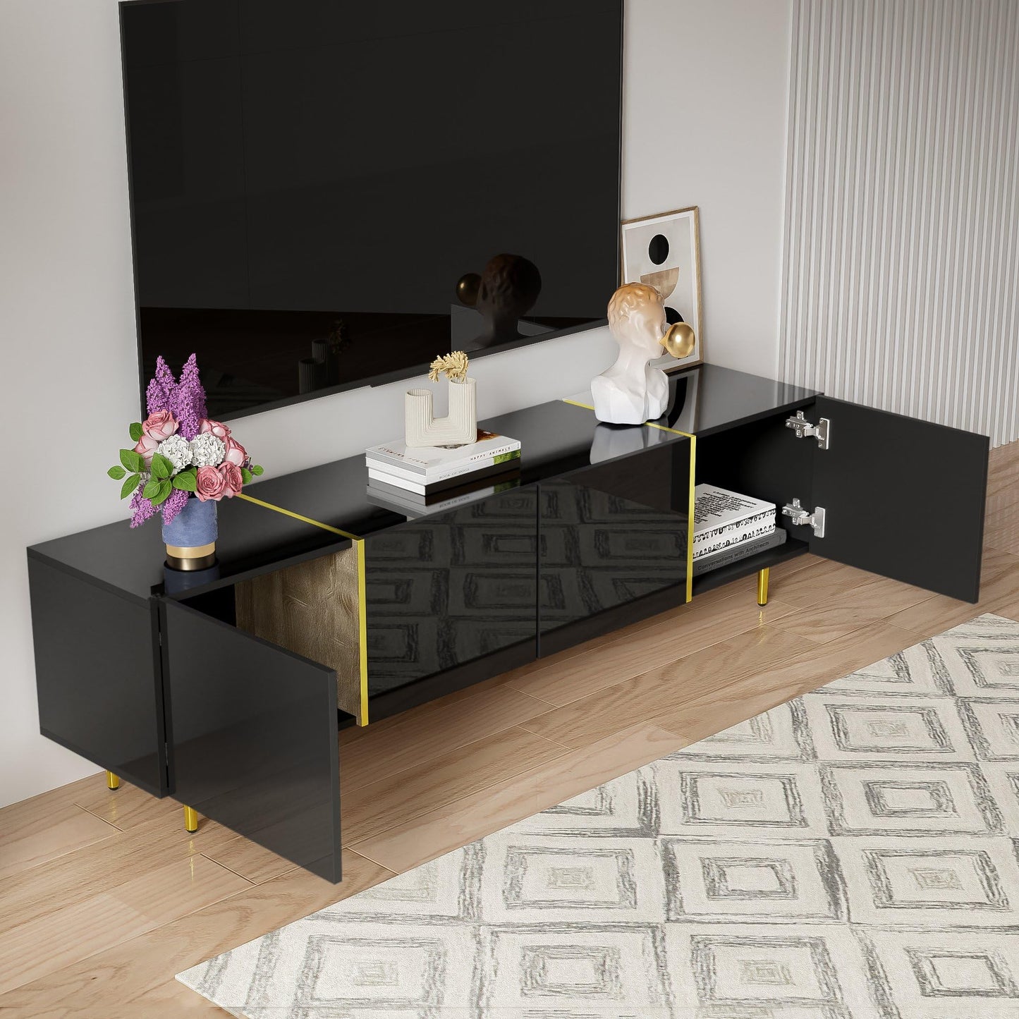 Meuble TV Moderne et Simple, 170 cm Banc TV Brillant avec Quatre Portes, Accents Dorés, Console Multimédia TV pour Les TV jusqu'à 70", Grand Espace de Rangement, Meuble Salon, Facile à Assembler