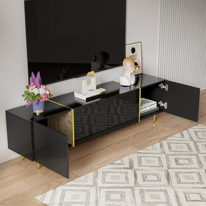 Meuble TV Moderne et Simple, 170 cm Banc TV Brillant avec Quatre Portes, Accents Dorés, Console Multimédia TV pour Les TV jusqu'à 70", Grand Espace de Rangement, Meuble Salon, Facile à Assembler