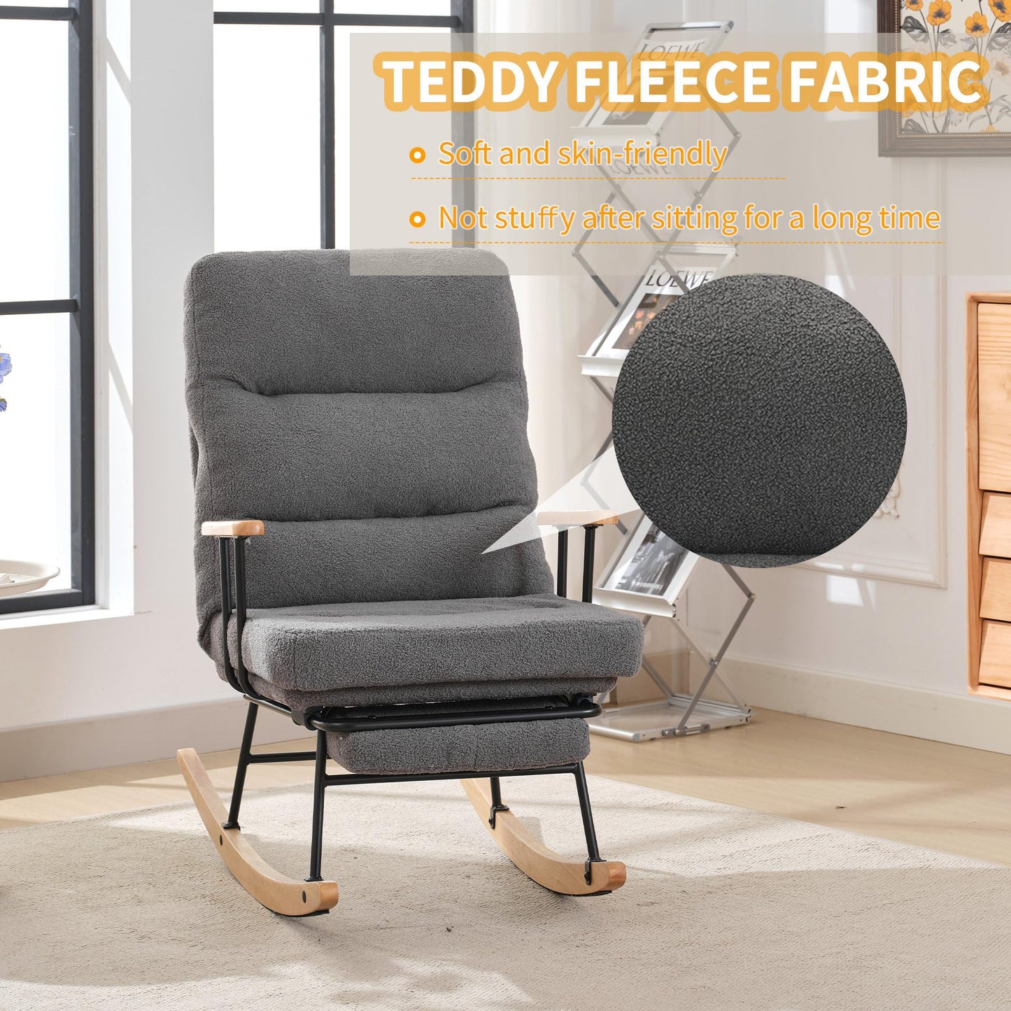 SHUGUANG Tissu Fauteuil Bascule, Fauteuil Chambre pour Lecture avec Mécanisme de Repose-Pieds Manuel, Réglage par Gravité Chaise de Lecture Fauteuil Bascule en Vigueur Chambre à Coucher, Salon